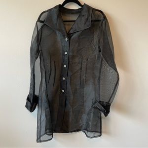 Sold Organza Tulle Sheer Black Button Down Shirt Trench Coat Size 16